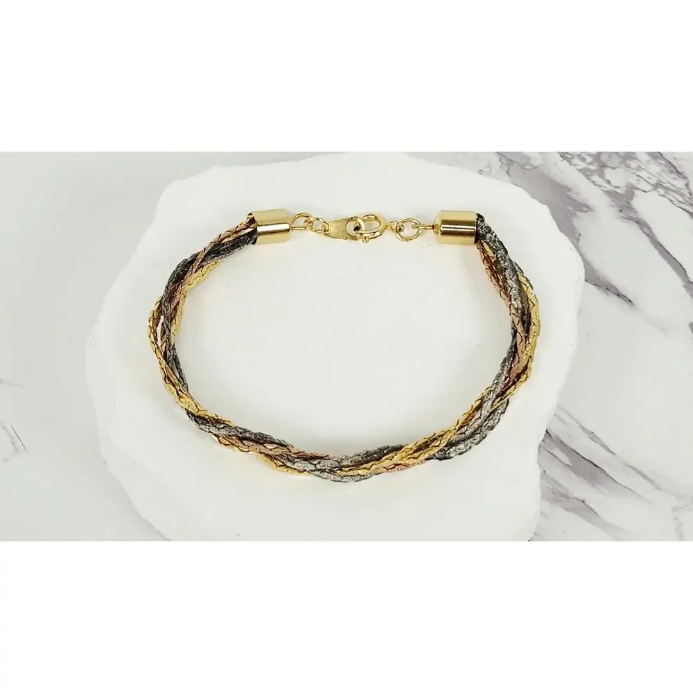 Vintage Tri-Color Braided Herringbone Chain Bracelet Gold Silver Rose 7.5